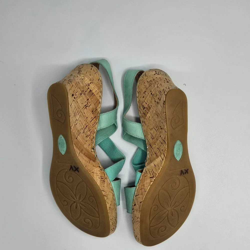 Born Womens Mint Green Leather Cork Wedge Sandals Elastic Straps Size 8